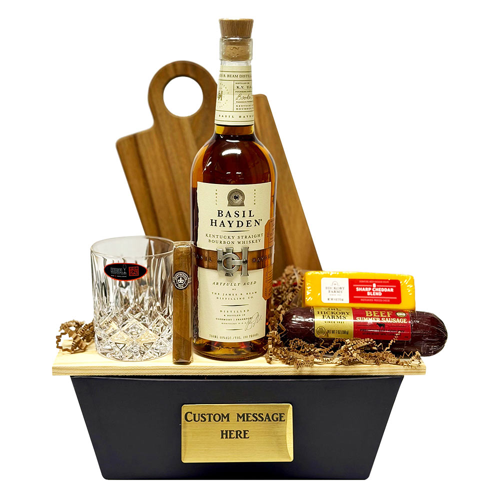 Basil Hayden Bourbon Gift Basket with Glass & Cigar