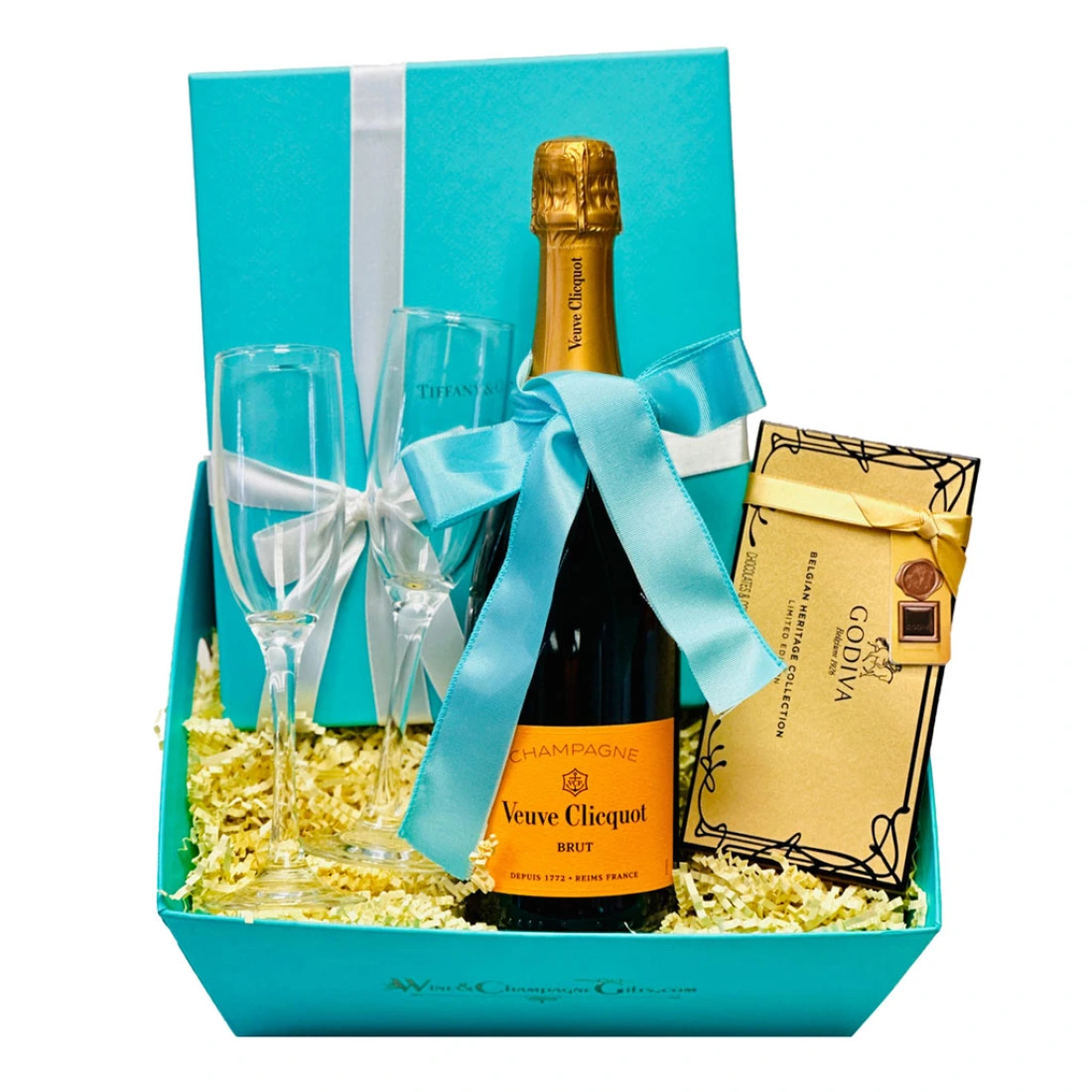 Veuve Clicquot Champagne with Tiffany Flutes & Godiva Gift Box